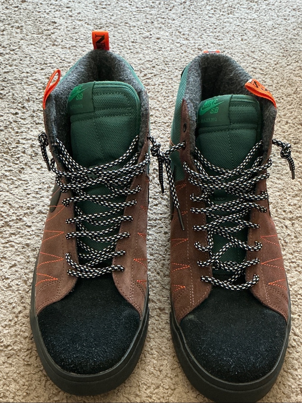 Nike Men’s Green, Brown & Black High-Top Skate Sneakers with Orange Accents